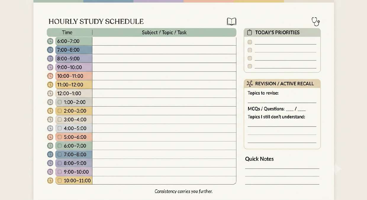 Hourly study schedule layout